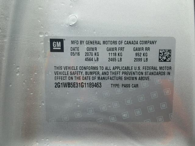 2G1WB5E31G1189463 - 2016 CHEVROLET IMPALA LIM SILVER photo 10