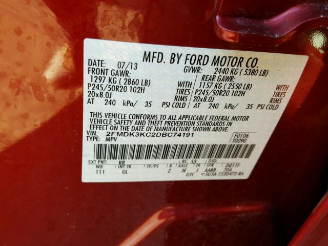 2FMDK3KC2DBC74191 - 2013 FORD EDGE LIMIT RED photo 10