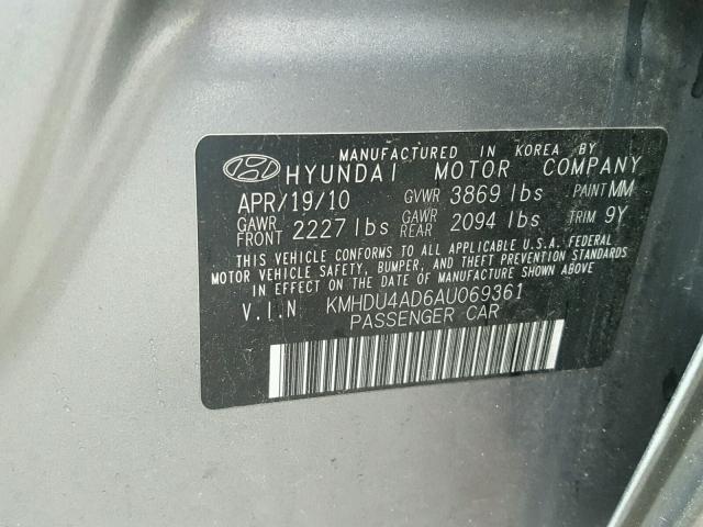 KMHDU4AD6AU069361 - 2010 HYUNDAI ELANTRA BL GRAY photo 10