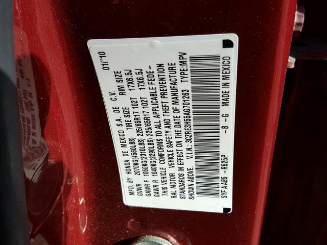 3CZRE3H55AG701263 - 2010 HONDA CR-V EX RED photo 10