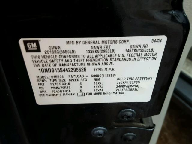 1GNDS13S442395526 - 2004 CHEVROLET TRAILBLAZE BLACK photo 10