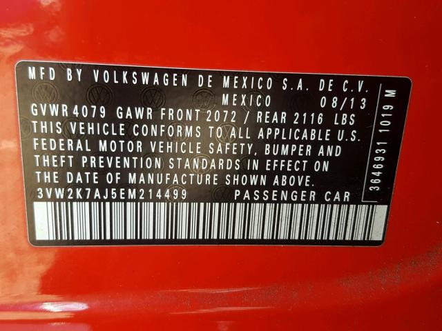 3VW2K7AJ5EM214499 - 2014 VOLKSWAGEN JETTA BASE 红色 照片 10