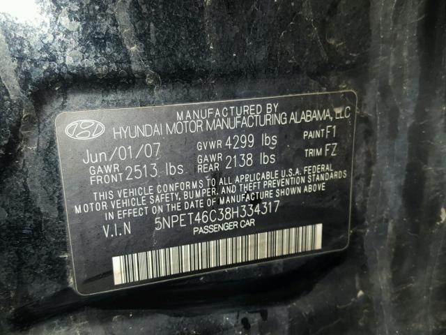 5NPET46C38H334317 - 2008 HYUNDAI SONATA GLS BLACK photo 10