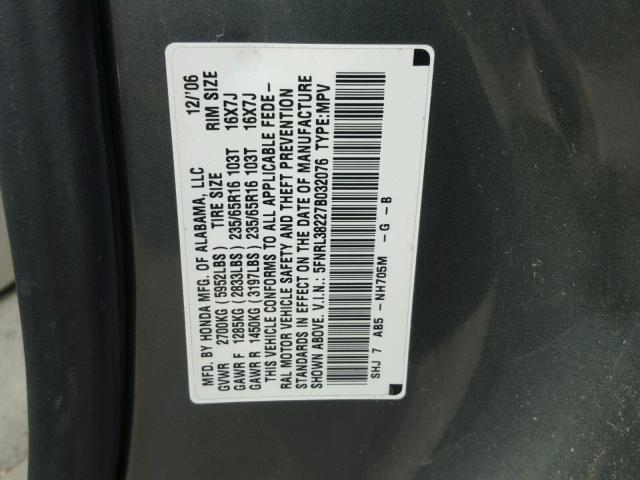 5FNRL38227B032076 - 2007 HONDA ODYSSEY LX GRAY photo 10