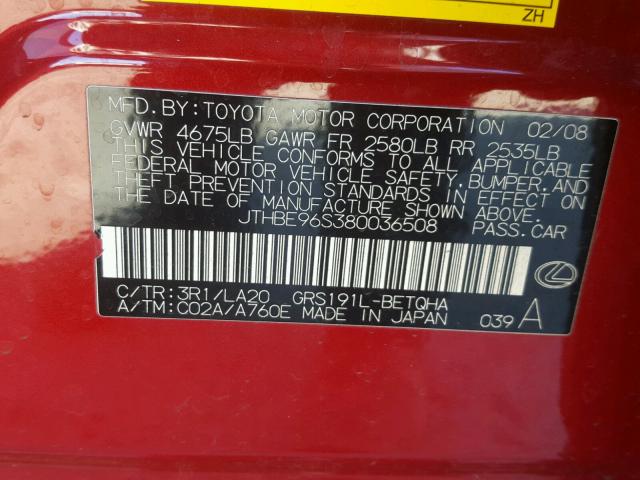 JTHBE96S380036508 - 2008 LEXUS GS 350 RED photo 10