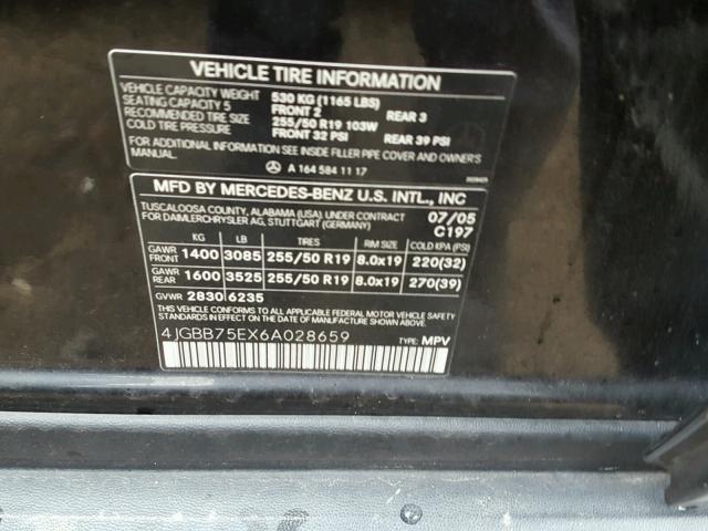 4JGBB75EX6A028659 - 2006 MERCEDES-BENZ ML 500 BLACK photo 10