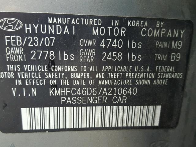 KMHFC46D67A210640 - 2007 HYUNDAI AZERA GLS GREEN photo 10