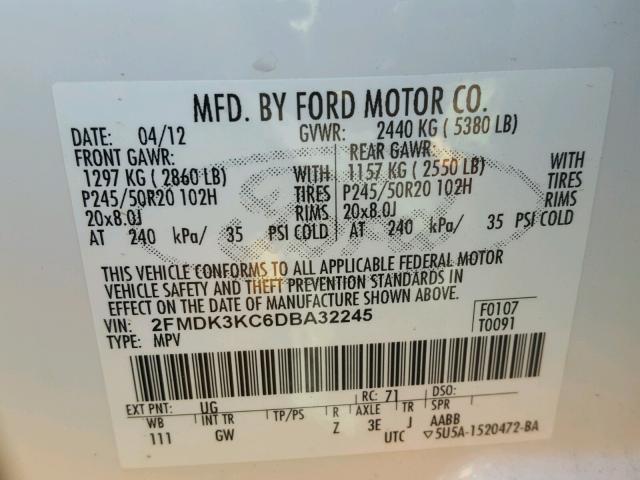 2FMDK3KC6DBA32245 - 2013 FORD EDGE LIMIT WHITE photo 10