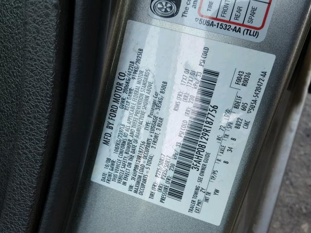 3FAHP08129R187756 - 2009 FORD FUSION SEL GRAY photo 10