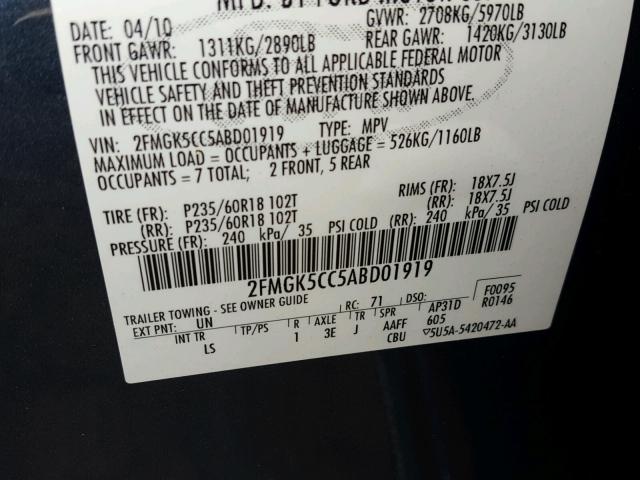 2FMGK5CC5ABD01919 - 2010 FORD FLEX SEL Կապույտ լուսանկար 10