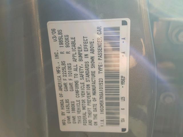 1HGCM567X6A101523 - 2006 HONDA ACCORD EX GRAY photo 10