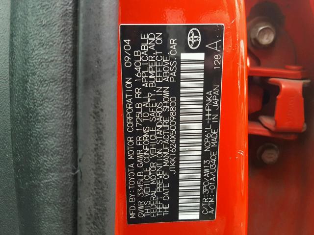 JTKKT624X50098800 - 2005 TOYOTA SCION XA RED photo 10