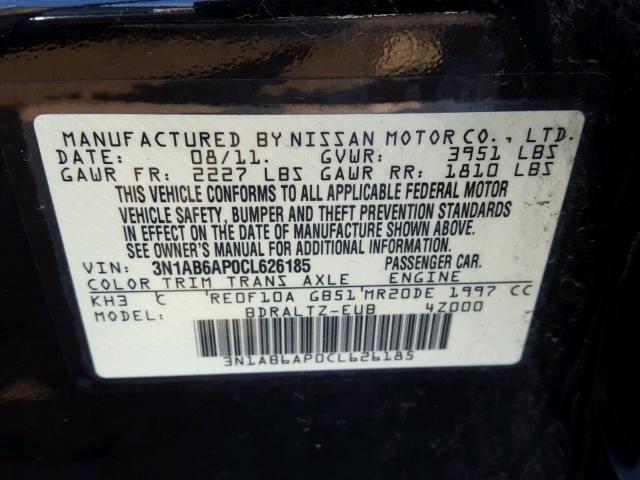 3N1AB6AP0CL626185 - 2012 NISSAN SENTRA 2.0 BLACK photo 10