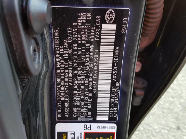 4T4BF1FK4DR299014 - 2013 TOYOTA CAMRY L BLACK photo 10