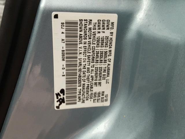 5FNRL18014B030978 - 2004 HONDA ODYSSEY EX BLUE photo 10