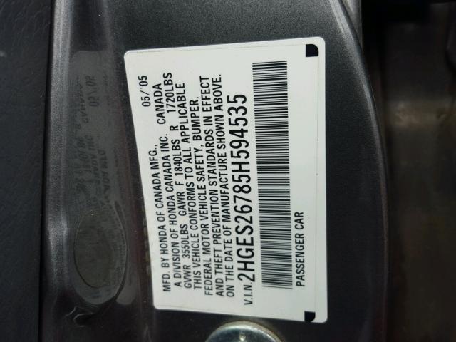 2HGES26785H594535 - 2005 HONDA CIVIC EX GRAY photo 10