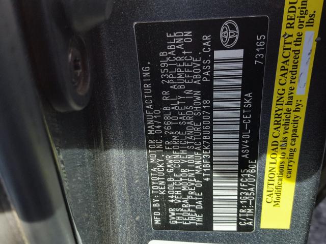 4T1BF3EK7BU600718 - 2011 TOYOTA CAMRY BASE GRAY photo 10