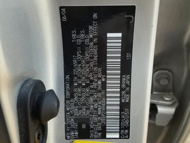 JTEEP21A940061191 - 2004 TOYOTA HIGHLANDER SILVER photo 10