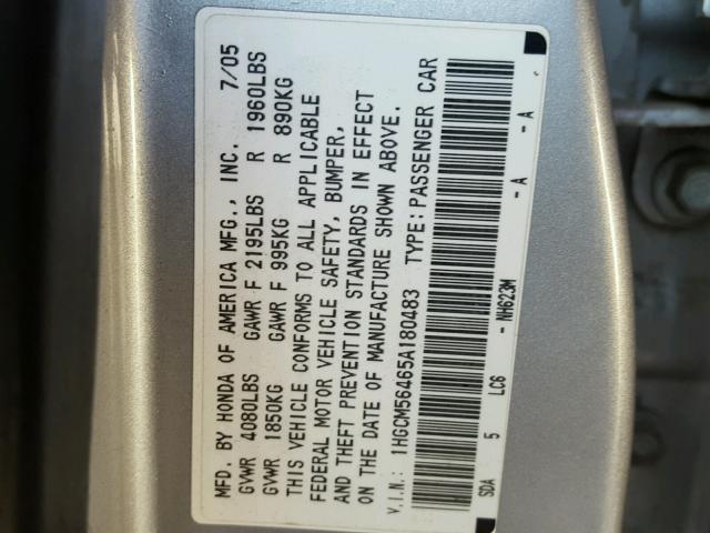 1HGCM56465A180483 - 2005 HONDA ACCORD LX SILVER photo 10