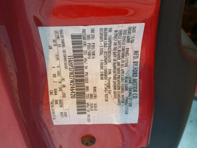 1FAHP37N27W246420 - 2007 FORD FOCUS ZX5 RED photo 10