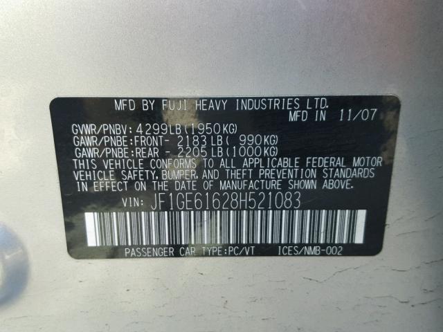 JF1GE61628H521083 - 2008 SUBARU IMPREZA 2. SILVER photo 10