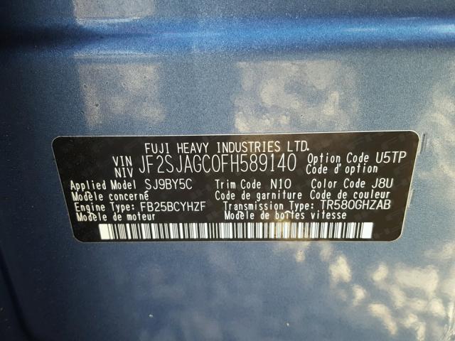 JF2SJAGC0FH589140 - 2015 SUBARU FORESTER 2 BLUE photo 10