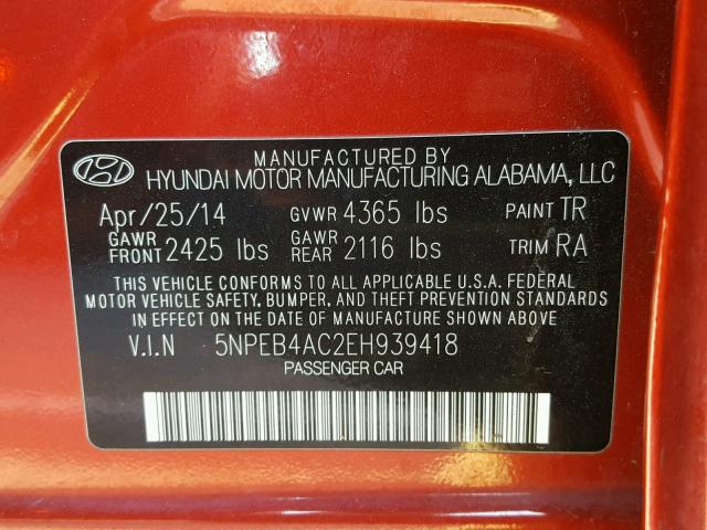 5NPEB4AC2EH939418 - 2014 HYUNDAI SONATA GLS RED photo 10