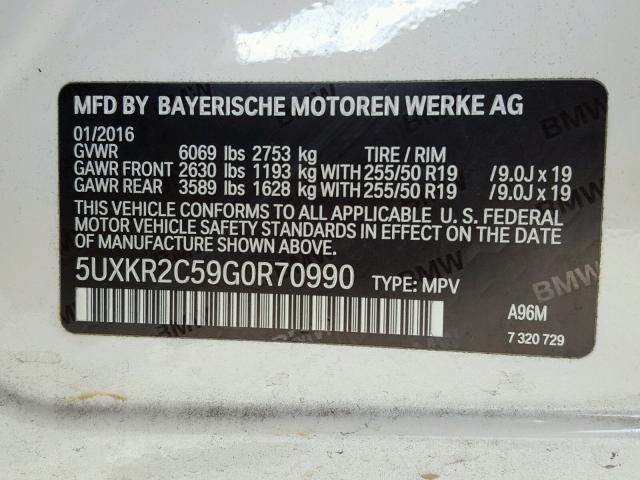 5UXKR2C59G0R70990 - 2016 BMW X5 SDRIVE3 WHITE photo 10