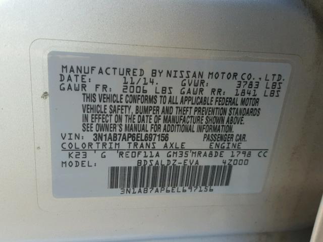 3N1AB7AP6EL697156 - 2014 NISSAN SENTRA S SILVER photo 10