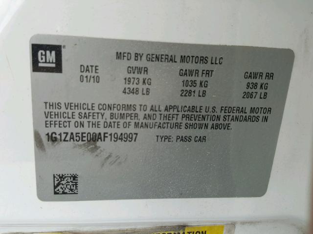 1G1ZA5E00AF194997 - 2010 CHEVROLET MALIBU LS თეთრი ფოტო 10