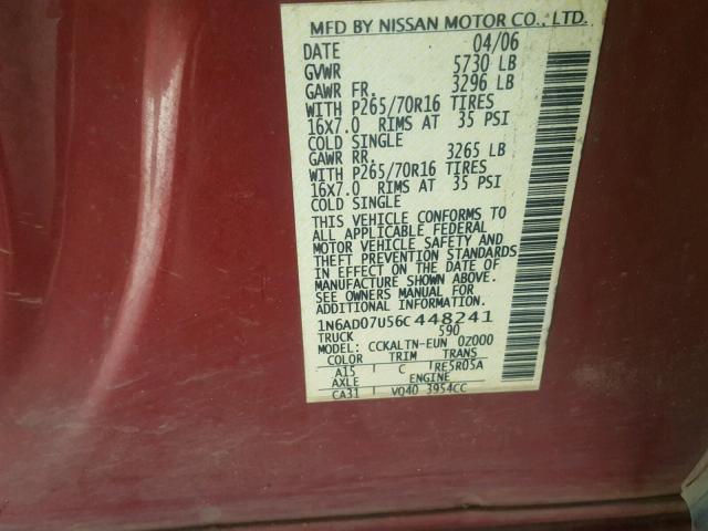 1N6AD07U56C448241 - 2006 NISSAN FRONTIER C RED photo 10