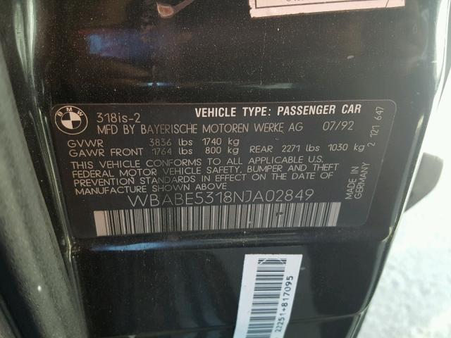 WBABE5318NJA02849 - 1992 BMW 318 IS BLACK photo 10