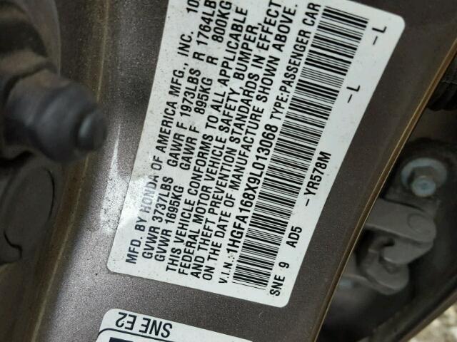 1HGFA168X9L013068 - 2009 HONDA CIVIC EX ნაცრისფერი ფოტო 10