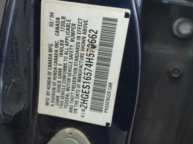 2HGES16574H579662 - 2004 HONDA CIVIC LX BLUE photo 10