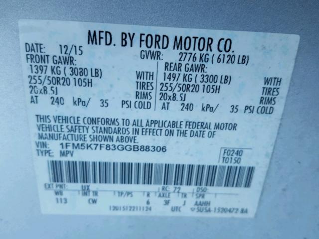 1FM5K7F83GGB88306 - 2016 FORD EXPLORER L SILVER photo 10