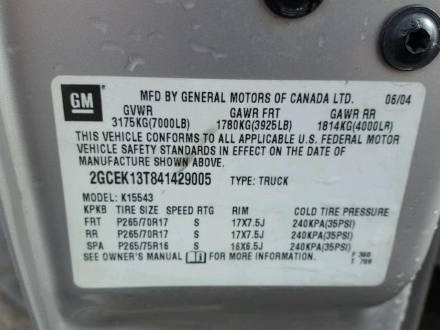 2GCEK13T841429005 - 2004 CHEVROLET SILVERADO SILVER photo 10