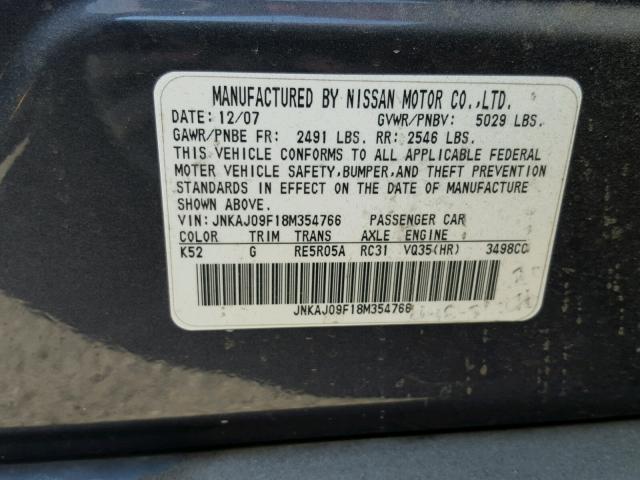 JNKAJ09F18M354766 - 2008 INFINITI EX35 BASE BLUE photo 10