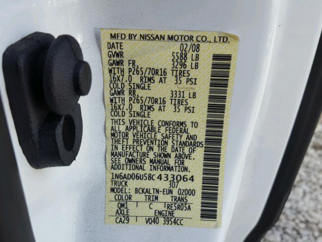 1N6AD06U58C433064 - 2008 NISSAN FRONTIER K WHITE photo 10