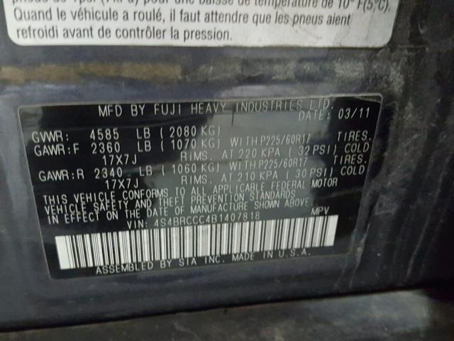 4S4BRCCC4B1407818 - 2011 SUBARU OUTBACK 2. GRAY photo 10