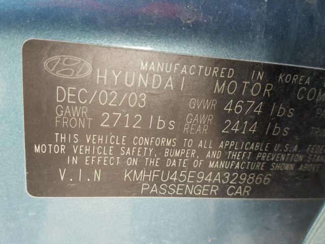 KMHFU45E94A329866 - 2004 HYUNDAI XG 350 BLUE photo 10