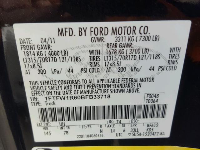 1FTFW1R60BFB33718 - 2011 FORD F150 SVT R BLACK photo 10