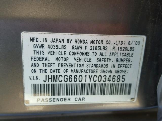 JHMCG6601YC034685 - 2000 HONDA ACCORD EX SILVER photo 10