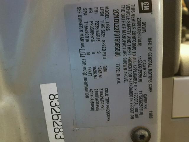 2CNDL23F076065500 - 2007 CHEVROLET EQUINOX LS SILVER photo 10