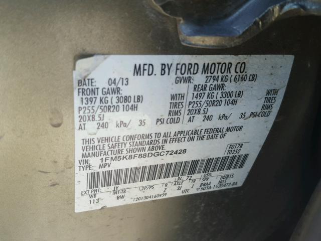 1FM5K8F88DGC72428 - 2013 FORD EXPLORER L GOLD photo 10