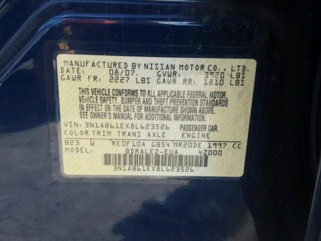 3N1AB61EX8L623526 - 2008 NISSAN SENTRA 2.0 BLUE photo 10