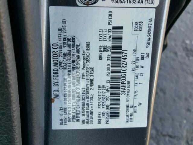 3FAHP0JG1CR274571 - 2012 FORD FUSION SEL GRAY photo 10