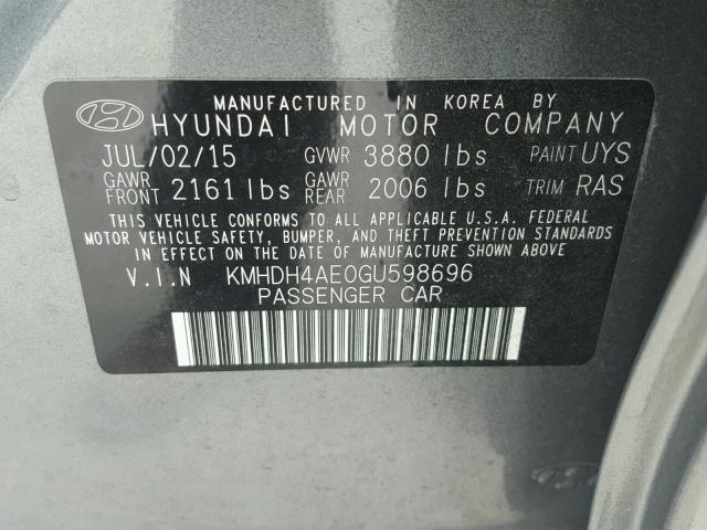 KMHDH4AE0GU598696 - 2016 HYUNDAI ELANTRA SE GRAY photo 10