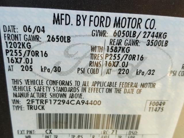 2FTRF17294CA94400 - 2004 FORD F-150 HERI GRAY photo 10