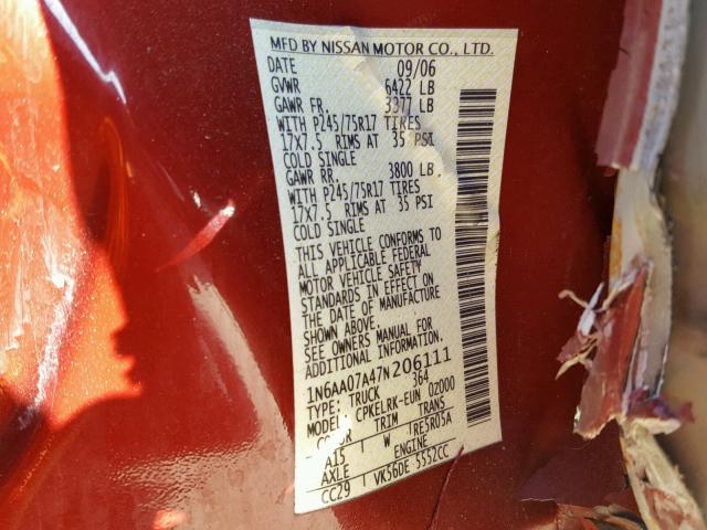 1N6AA07A47N206111 - 2007 NISSAN TITAN XE RED photo 10