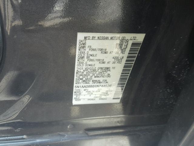 5N1AA08B84N744506 - 2004 NISSAN ARMADA SE GRAY photo 10